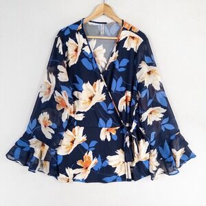 PerSeption Woman Knit Top Blouse 3X Blue Floral Stretch Knit Ruffle Bell Sleeves